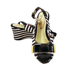 Poetic Licence London Black White Stripe Wedge Heels EUR 38 Peep Toe Floral Bow